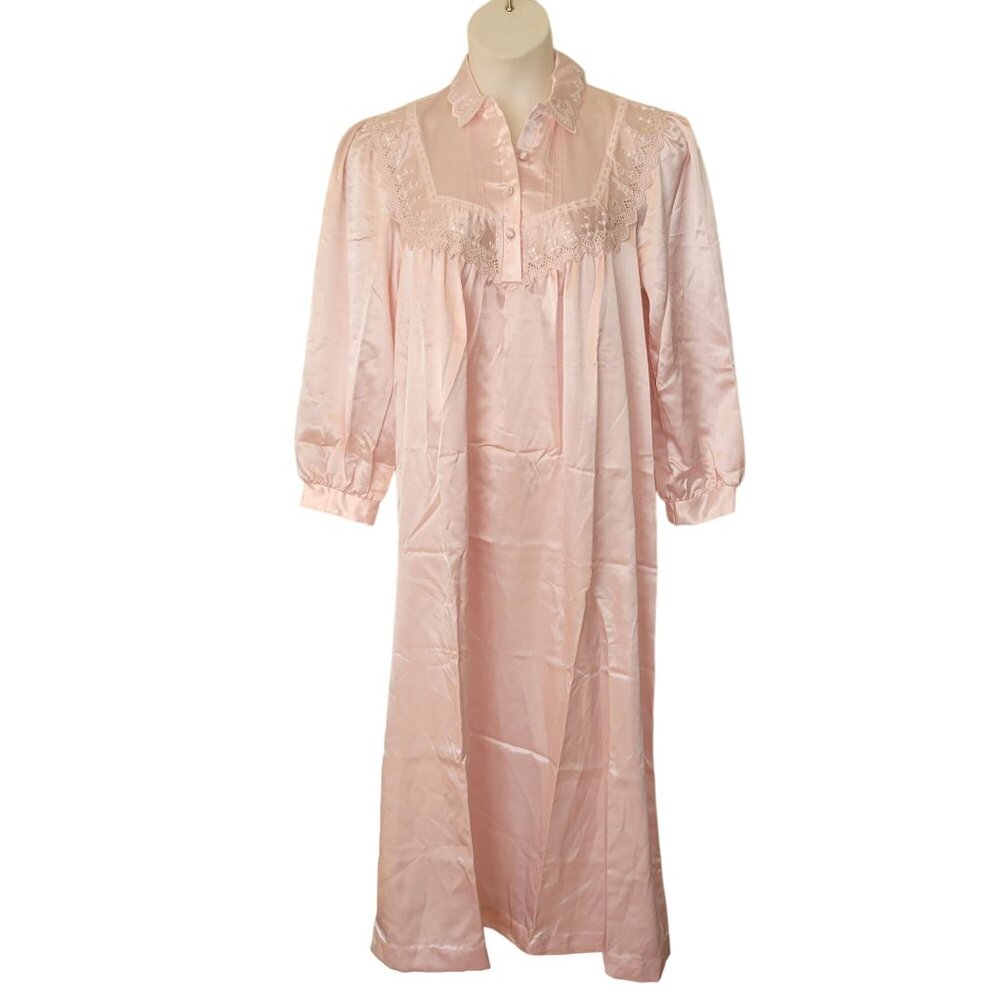 Vintage Pink‎ Nicole Long Satin Nightgown Lace Collar Cuffs M Edwardian Regency
